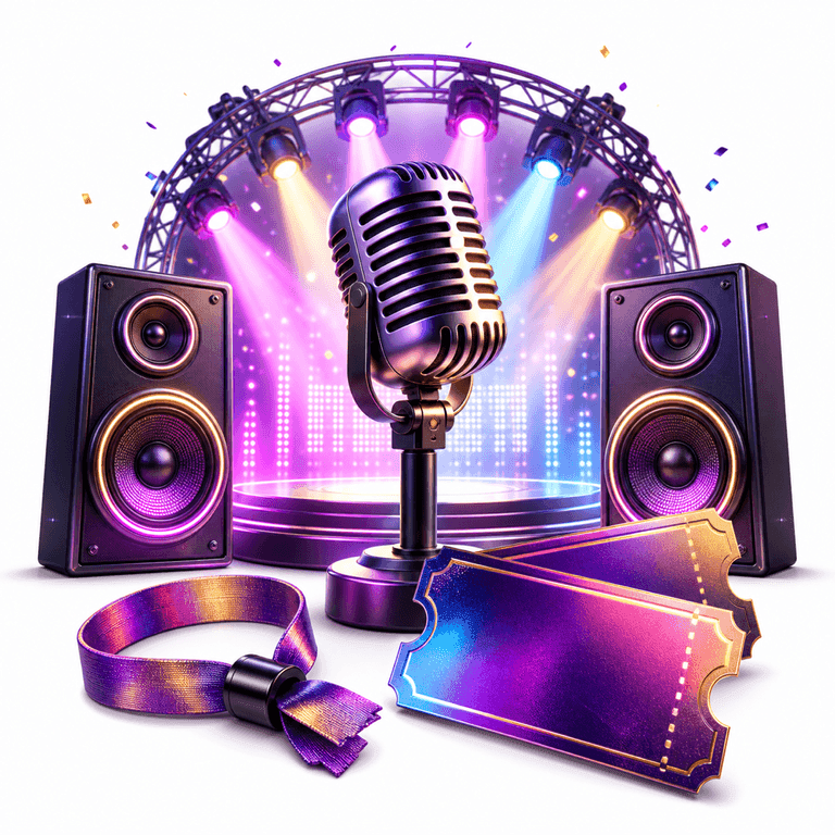 Scène de concert avec microphone, lumières et billets