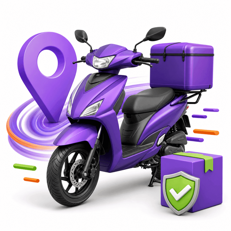 Moto de livraison avec colis sécurisé et repère de destination