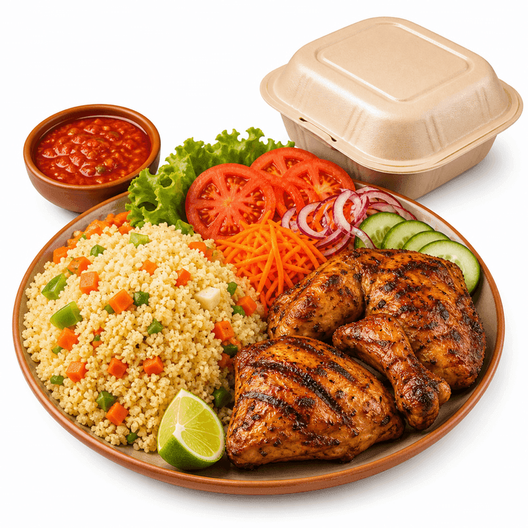 Repas préparé avec poulet, accompagnement et légumes
