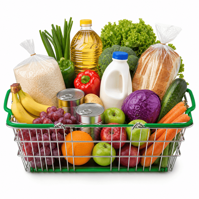 Panier de courses rempli de produits de supermarché